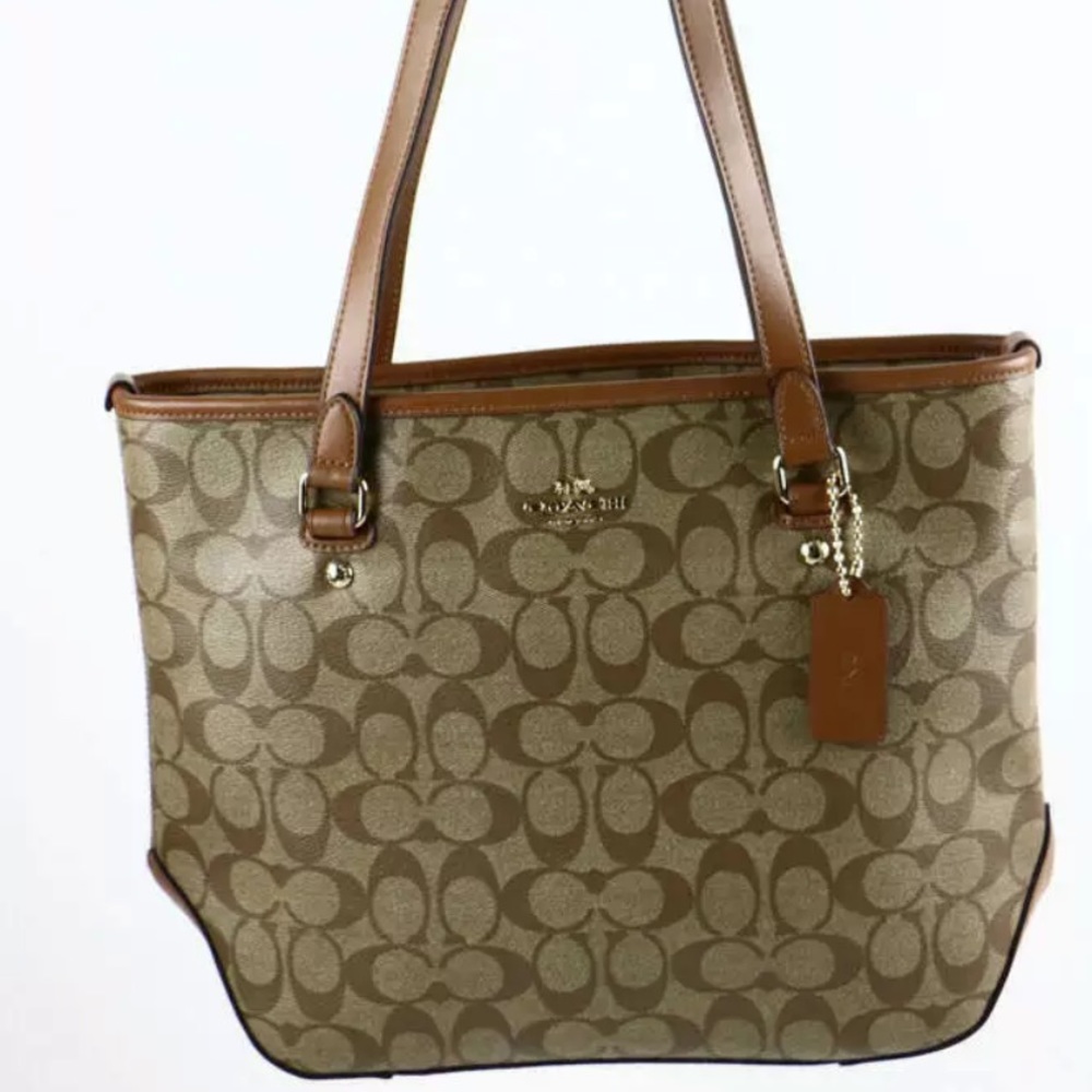 🆕 Coach Khaki Brown Signature Brown Leather Tote